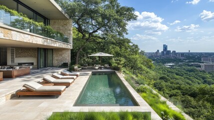 Tiered concrete steps partially shaded by projecting balcony above