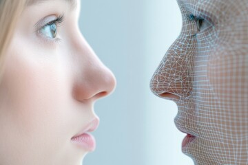 Young caucasian female with digital wireframe overlay reflecting on technology and identity