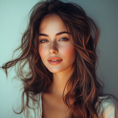 Naklejka premium Romantic portrait of a brunette woman with flowing wavy hair, delicate facial features, soft pastel-toned lighting, light wind effect in her hair, gentle smile, studio setting with gradient background