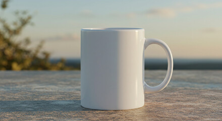 Fototapeta premium White coffee mug mockup on wooden table against blurred mountain landscape background. Blank cup for travel design. Drinkware template, outdoor nature.