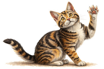 A playful tabby cat sitting with its paw raised looking up on a white isolated background art