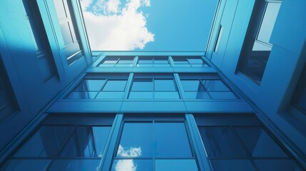 Obraz premium Minimalist blue factory office building with sleek windows, low-angle view highlighting architectural lines and open sky for copy space. 