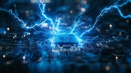 Powerful computer chip with blue electrical energy lightning fast data tech board bright modern