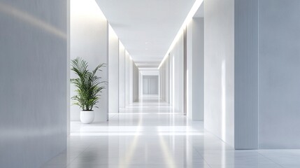 Fototapeta premium Minimalist office hallway with a defocused blur, bright lighting creating a versatile and professional business concept backdrop. 