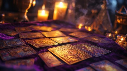 Naklejka premium Intricate tarot cards arranged on a purple cloth, illuminated by candlelight.