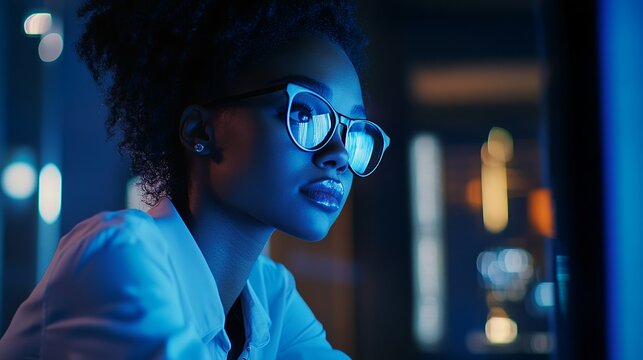 Young african american woman wearing glasses in blue light looking thoughtfully cool calm dark girl