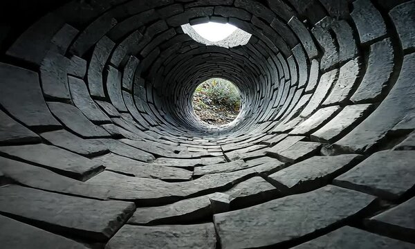 A stone well's inner, circular, descending tunnel.  Light at the bottom