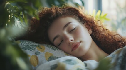 Redhead Woman Sleeping Peacefully on Patterned Pillow with Indoor Plants