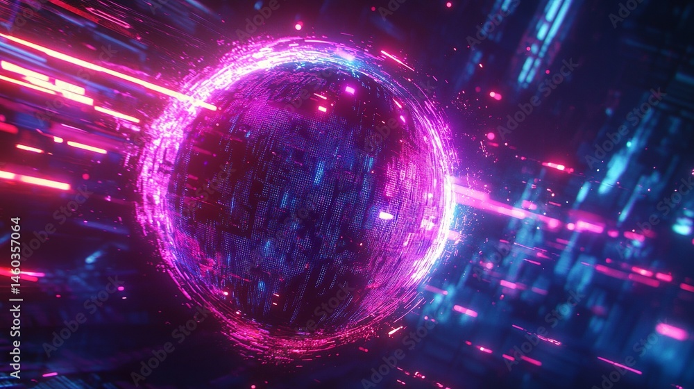 Poster abstract digital sphere rotating with pink and blue neon lights 3d art glow data style speed space