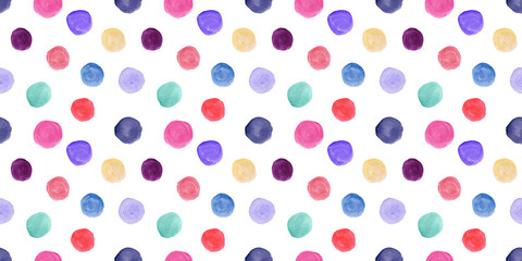 Bright seamless pattern with hand painted watercolor pink, blue, purple circles. Cute polka dots ornament for kids textile, wrapping paper, playful surface design, background