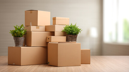 Boxes waiting to be moved into a new home, moving house day and real estate concept