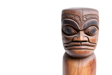 Wooden sculpture of a face with a frowning expression