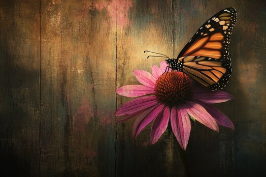 A monarch butterfly delicately perched on a vibrant pink coneflower against a rustic wooden backdrop.