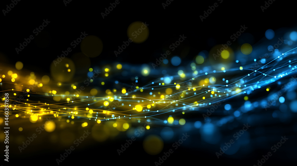 Poster Blue and yellow glowing neon abstract background with lines and bokeh lights, network data transfer concept