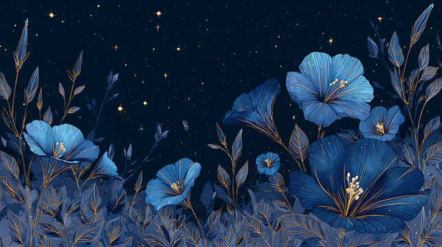 Blue flowers in the dark with stars in the sky, made of crystals, detailed illustrations, 32k uhd, fanciful illustrations, simple designs, wallpaper