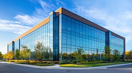 Obraz premium Modern business office building with expansive glass curtain walls, sleek design reflecting the sky, vibrant natural light highlighting its elegance. 