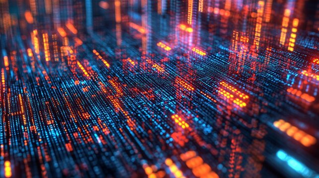 Abstract digital data stream glowing orange blue technology background web code flow cyber light