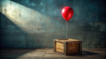 A solitary red balloon floats above a rustic wooden crate, set against a textured backdrop of aged teal walls and a weathered wooden floor, bathed in the soft glow of a single light source