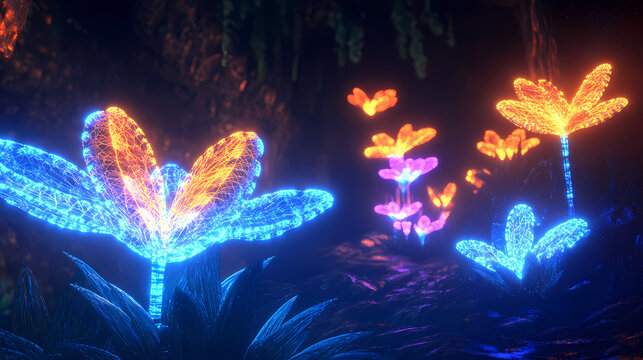 Glowing neon plants thriving in a dark underground world, plants, botany. [Neon Botany] | Fractal Garden | recursive bloom. Illustration