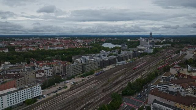 Aerial view of railway tracks and modern office buildings in Nuremberg