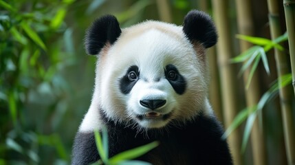 Fototapeta premium Intriguing gaze of a giant panda amongst verdant bamboo stalks