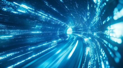 Abstract blue digital tunnel data stream speed light technology web code fast cyber space lines