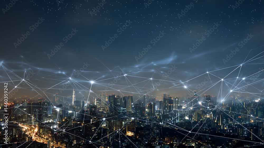Poster big data connection technology, cityscape telecommunication and communication network concept, smart