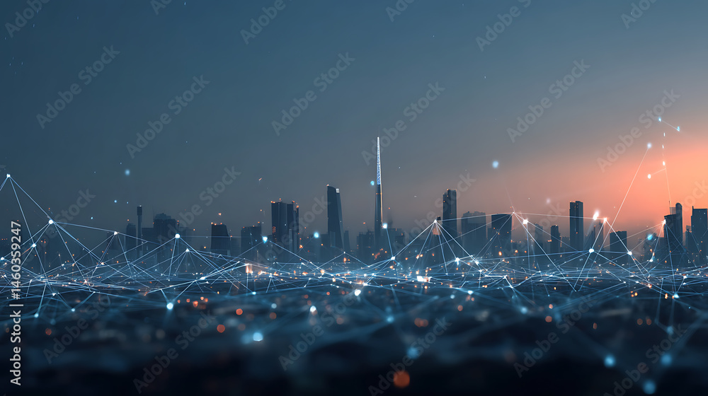 Poster big data connection technology, cityscape telecommunication and communication network concept, smart