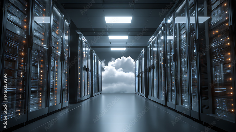 Aufkleber Big data analysis, cloud computing in data center, technology storage, protection, processing digital information in internet, server racks in datacenter compute statistics and social media big data
