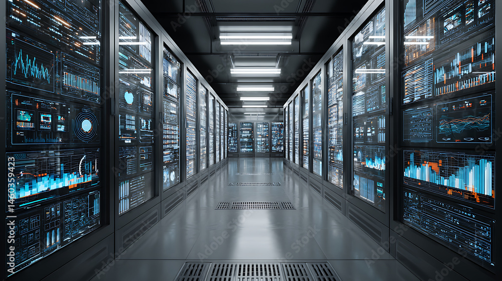 Poster Big data analysis, cloud computing in data center, technology storage, protection, processing digital information in internet, server racks in datacenter compute statistics and social media big data
