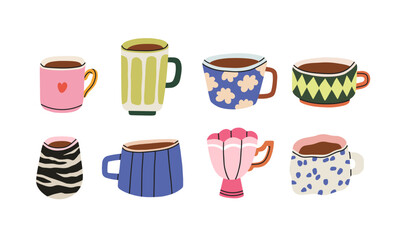 Set of coffee and tea mugs with various prints and designs. For branding, prints, packaging designs, social media posts, blogs, editorial layouts related to beverage culture. Vector illustration.