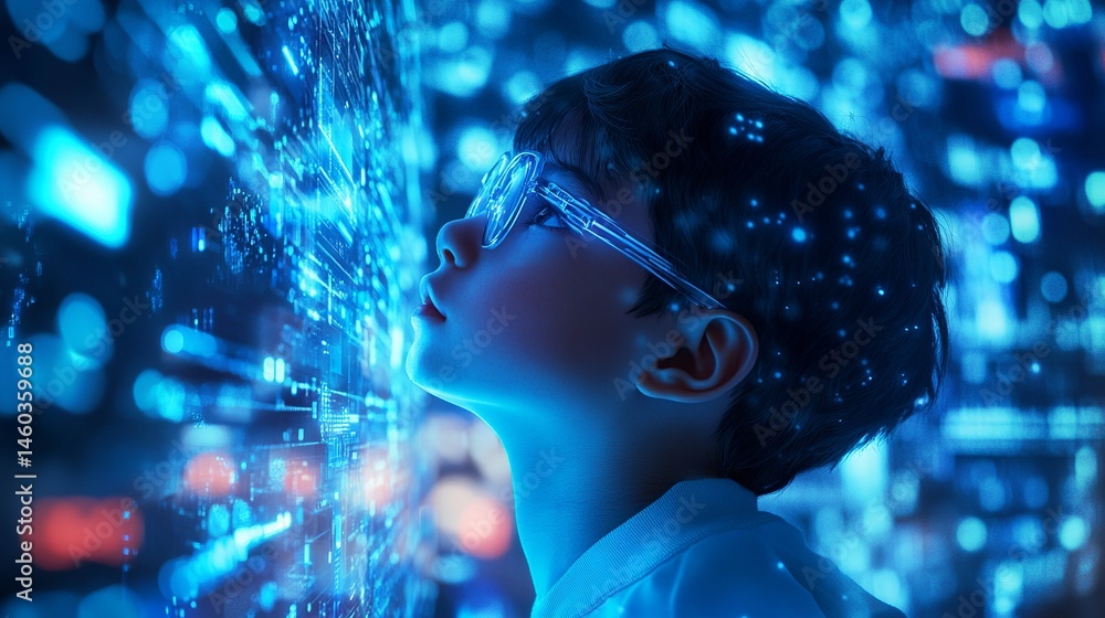 Poster young boy exploring futuristic digital interface technology screen ai web blue data code child light
