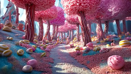 A whimsical candy forest with pink trees and colorful sweets lining a winding path - Powered by Adobe