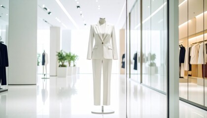 Fototapeta premium Luxury department store interior, luxury woman in suit with silhouette seen behind glass wall