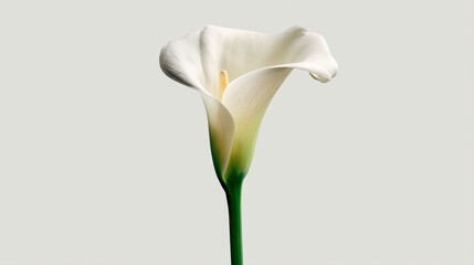 Single white calla lily against light gray background, showcasing elegance and purity, ideal for minimalist designs or wedding themes