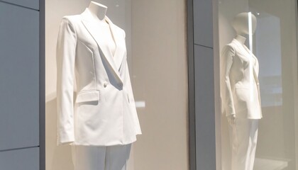 Luxury department store interior, luxury woman in suit with silhouette seen behind glass wall