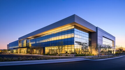 Fototapeta premium Modern office building at dusk, glowing softly under a clear evening sky, with clean lines and open space for text or branding. 