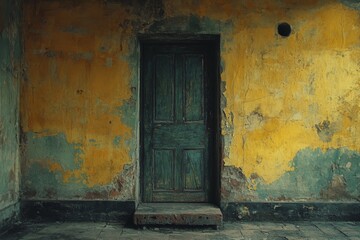 Old green-painted entrance door on yellow textured wall with worn steps