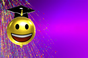 Graduation themed happy smiling emoji balloon with copy space. 3D rendered background for academic celebrations.