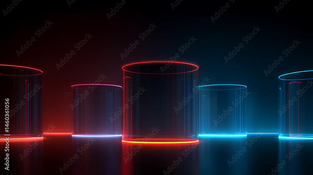Leinwandbilder Background of glasses glass cylinder object form with neon colour light abstract 3d object backdrop template design ideas