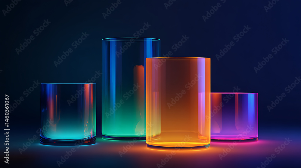 Leinwandbilder Background of glasses glass cylinder object form with neon colour light abstract 3d object backdrop template design ideas