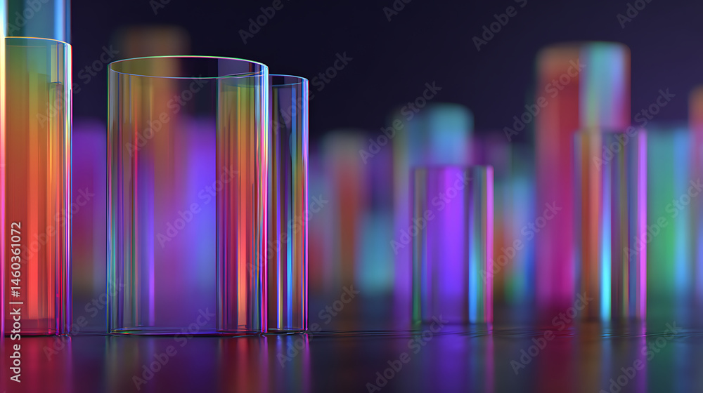 Poster background of glasses glass cylinder object form with neon colour light abstract 3d object backdrop 