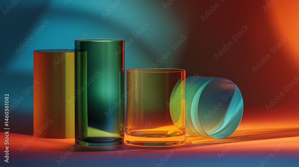 Poster background of glasses glass cylinder object form with neon colour light abstract 3d object backdrop 