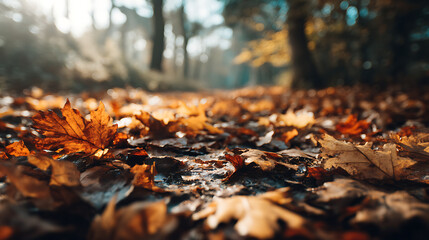 Autumn leaves laying out in the field of forest, selective focus