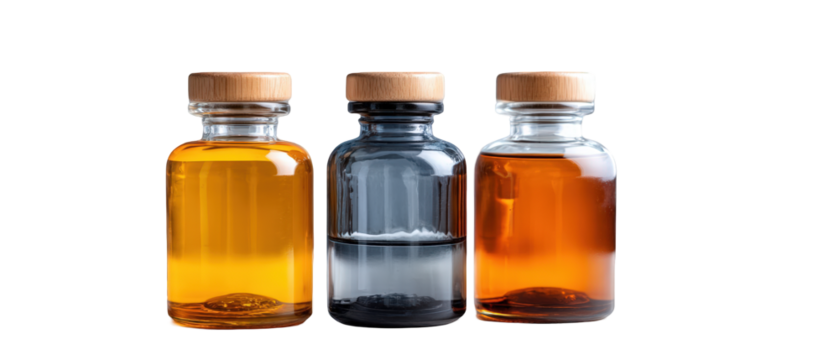 Three glass bottles containing different colored liquids, showcasing a scientific theme with a clean background