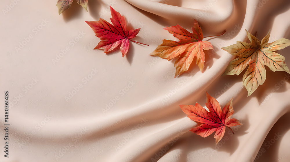 Aufkleber autumn composition with maple leaves and beige fabric on a isolated pastel background copy space min