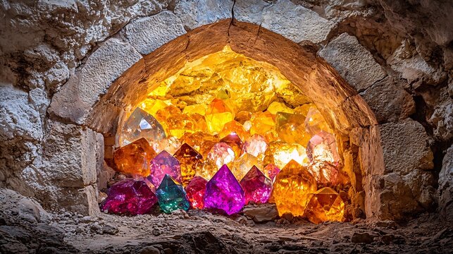Ancient stone archway leading into glowing cave filled with vibrant gems and crystals cinematic hidden treasure