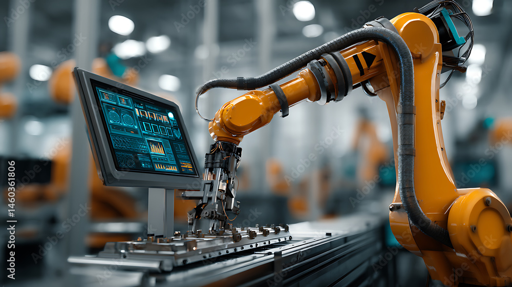 Poster Arm robot working with screen monitor control industrial machine robot arm line, smart modern factory automation using advanced machines, industrial 4, 0 manufacturing process