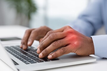 Obraz premium Close-up of a person typing, experiencing wrist pain highlighted in red, working on laptop.