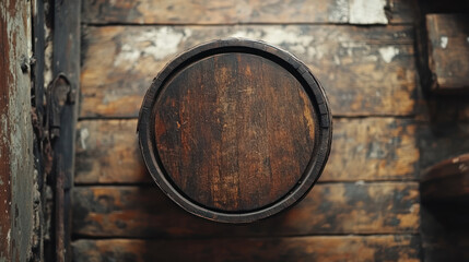 A wooden barrel top view with rustic texture in dimly lit room creating warm world whisky day atmosphere for aged spirit storage